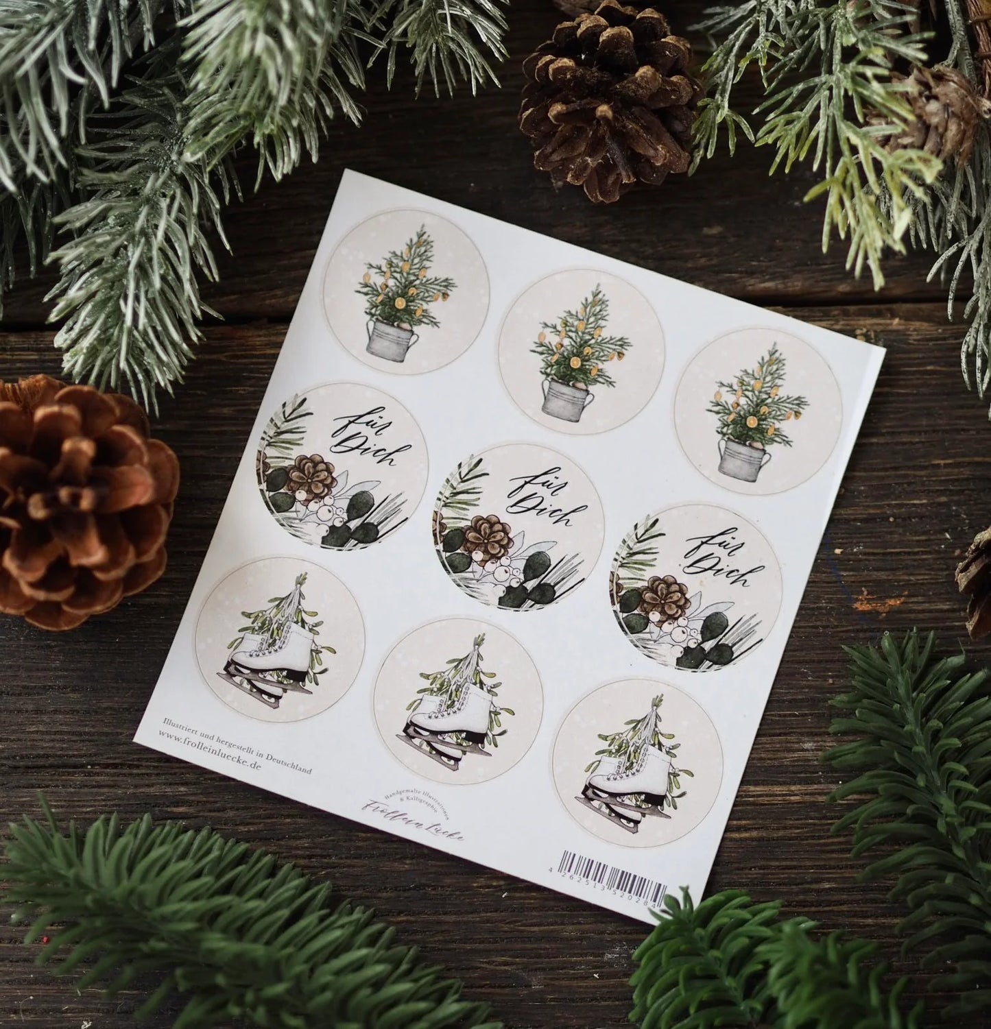 Frollein Lücke Sticker Tannenbaum, Zapfen, Schlittschuhe