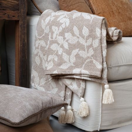 Chic Antique Decke BLÄTTER beige weiß 150 x 130 cm