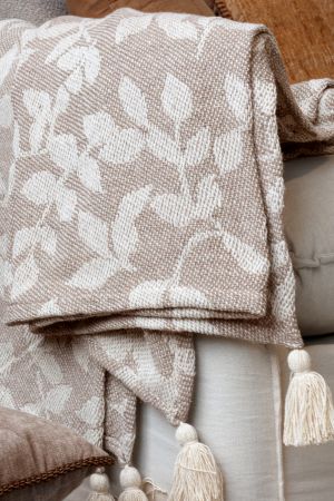 Chic Antique Decke BLÄTTER beige weiß 150 x 130 cm